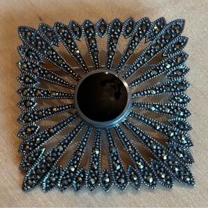 Marcasite and black onyx sterling silver brooch